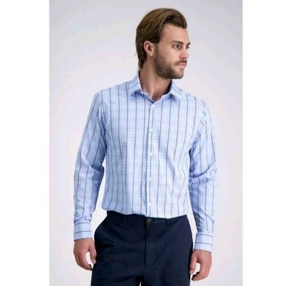 Haggar Mens Size 15-15 1/2 34/35 Blue Plaid Slim Fit LS Button Up Shirt NWT - Picture 1 of 5
